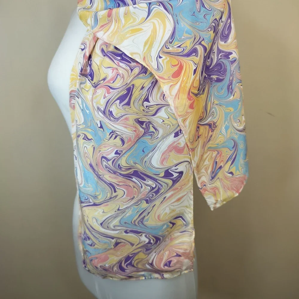 100% Silk Scarf Marbled Wavy Psychedelic Multicolor 56 x 11